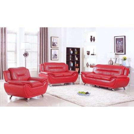 0700118104446 - UFE NORTON RED FAUX LEATHER 3-PIECE MODERN LIVING ROOM SOFA SET