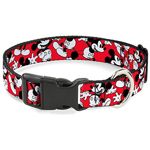 0700146053587 - BUCKLE-DOWN MICKEY MOUSE POSES SCATTERED RED/BLACK/WHITE DISNEY BREAKAWAY PLASTIC CLIP COLLAR, NARROW-LARGE