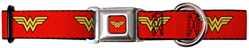 0700146122368 - WONDER WOMAN DC SUPERHERO RED AND YELLOW REPEATING LOGO SEATBELT PET DOG COLLAR