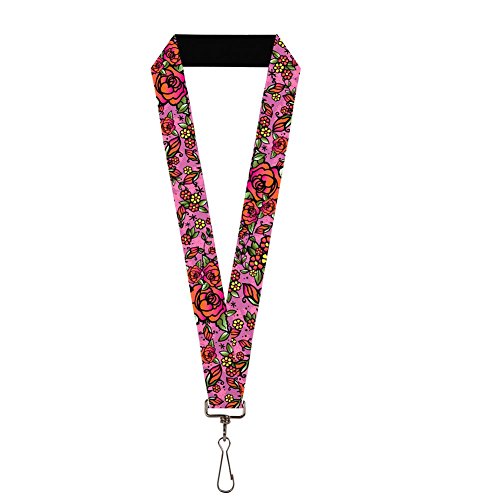 0700146334129 - BRIGHT COLORFUL RED ROSES AND PINK FLORAL PATTERN LANYARD