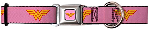 0700146951975 - WONDER WOMAN DC SUPERHERO PINK AND YELLOW REPEATING LOGO SEATBELT PET DOG COLLAR