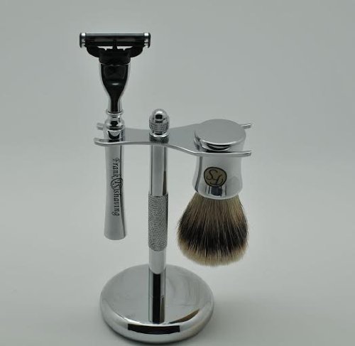 0700220560987 - FS 3 PIECE SHAVE SET TRIPLE BLADE, SILVERTIP BADGER BRUSH AND SILVER BRUSH AND RAZOR STAND