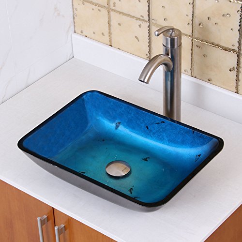 0700254820095 - ELITE RECTANGLE ARTISTIC BLUE TEMPERED GLASS BATHROOM VESSEL SINK & BRUSHED NICKEL SINGLE LEVER FAUCET