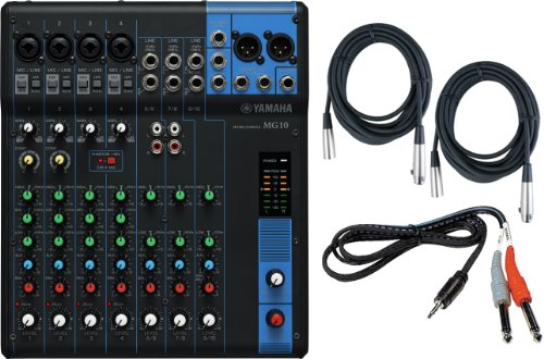 0700355947493 - YAMAHA MG10 10-INPUT STEREO MIXER W/ 20' XLR MIC CABLES AND STEREO 1/8 TRS TO DUAL 1/4 BREAKOUT CABLE