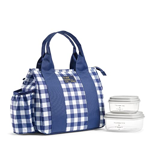 0700522249658 - FIT + FRESH SANIBEL INSULATED LUNCH TOTE BAG WITH 2 CONTAINERS, LUNCH BAG FOR WOMEN, REUSABLE LUNCH BOX, PERFECT FOR WORK, SCHOOL, BEACH & MORE, NAVY GINGHAM