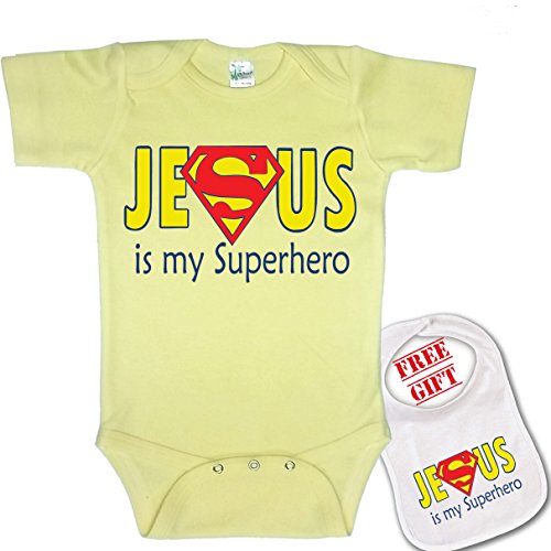 0700535477864 -  JESUS IS MY SUPERHERO CUSTOM BABY BODYSUIT ONESIE & MATCHING BIB.