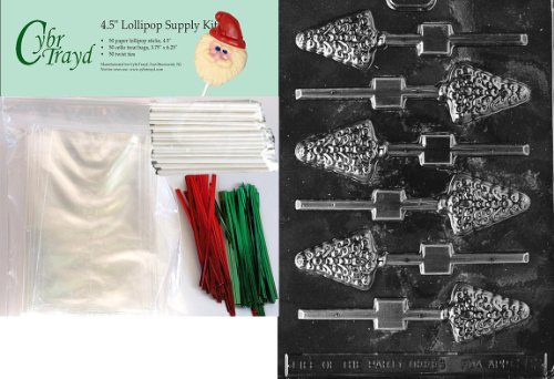 0700613679838 - CYBRTRAYD 45STK50C-C082 TREE LOLLY CHRISTMAS CHOCOLATE MOLD WITH LOLLIPOP KIT AND MOLDING INSTRUCTIONS, SMALL, INCLUDES 50 LOLLIPOP STICKS, 50 CELLO BAGS, 25 RED AND 25 GREEN TWIST TIES