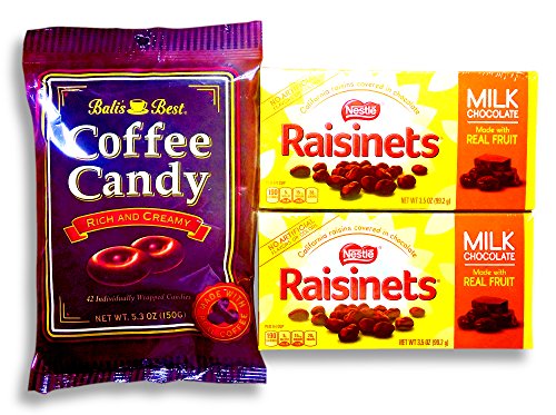 0700615565429 - NESTLE RAISINETS MILK CHOCOLATE COVERED RAISINS (2 PACKS OF 3.5 OZ / 99.2G) PLUS BALI'S BEST COFFEE CANDY (1 PACK 5.3 OZ / 150G) MADE WITH REAL COFFEE