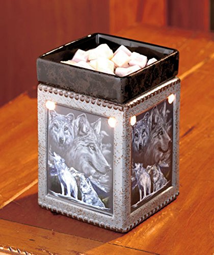 0700667126593 - 1 X WILDLIFE TART WAX WARMER WITH A WOLF PICTURE ON EACH SIDE AND HAS A BUILT-IN LAMP THAT SHINES THROUGH THE OPENINGS IN THE SQUARE BOTTOM WHILE THE TOP REMOVEABLE PLATE HOLDS YOUR FAVORITE SCENTED TARTS