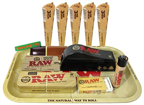 0700686967467 - BUNDLE - 12 ITEMS - RAW KING SIZE CONE FILLER WITH PRE ROLLED CONES, TIN, HEMP WICK, ROLLING TRAY AND MORE