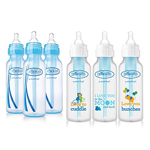 0700697999648 - DR. BROWNS BABY BOTTLES BOYS 6 PACK - 3 (8 OZ) BLUE AND 3 (8 OZ) CLEAR BOTTLES WITH NEW PRINTS