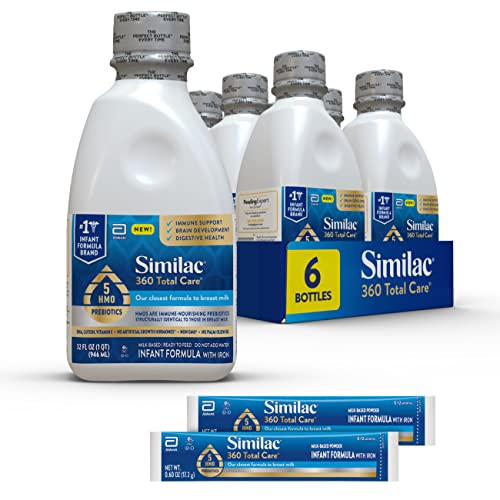 0070074681481 - SIMILAC 360 TOTAL CARE SENSITIVE INFANT FORMULA, 6 COUNT, WITH 5 HMO PREBIOTICS, FOR FUSSINESS & GAS DUE TO LACTOSE SENSITIVITY, NON-GMO, BABY FORMULA, READY-TO-FEED, 32-FL-OZ BOTTLE + 2 17.2 G POWDER STICKS