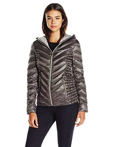 0700770276260 - LAUNDRY WOMEN'S CHEVRON PACKABLE DOWN JACKET AND BAG, CHARCOAL/PEWTER, MEDIUM