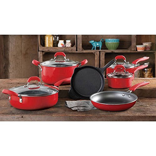 0700811950104 - THE PIONEER WOMAN VINTAGE SPECKLE 10-PIECE NON-STICK PRE-SEASONED COOKWARE SET (RED)