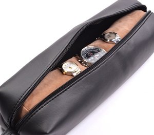 0700953665836 - COSMOS ® BLACK COLOR PU LEATHER WATCH AND BRACELET TRAVEL STORAGE ROLL BAG WITH BROWN REMOVABLE TUBE VELVET HOLDER