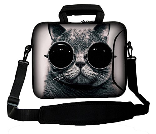 0701142794566 - WATERFLY BLUE CAT WITH GLASSES GRAY 15, 15.4, 15.6-INCH NEOPRENE RAINPROOF LAPTOP BAG WITH ADJUSTABLE SHOULDER STRAP COMPATIBLE WITH MACBOOK, ACER, ASUS, DELL, HP, SONY, TOSHIBA LAPTOP BAG