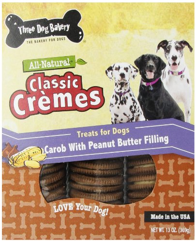 0701159100701 - THREE DOG BAKERY 13-OUNCE CLASSIC CREMES CAROB WITH PEANUT BUTTER FILLING BAKED DOG TREATS
