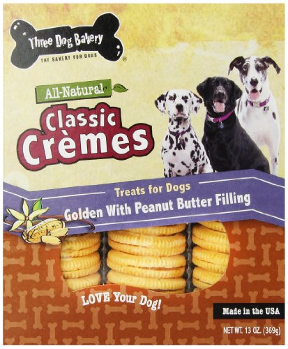 0701159100770 - THREE DOG BAKERY 13-OUNCE CLASSIC CREMES GOLDEN WITH PEANUT BUTTER FILLING BAKED DOG TREATS