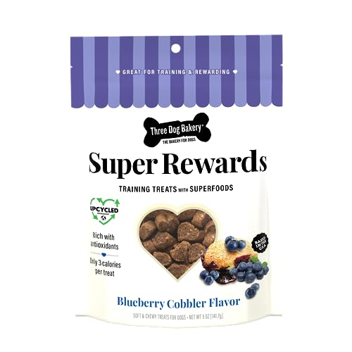 0701159201323 - THREE DOG BAKERY SOFT AND CHEWY SUPER REWARDS WITH SUPERFOODS DOG TREATS, LOW CALORIE DOG TRAINING TREATS FOR DOGS, BLUEBERRY COBBLER FLAVOR, 5 OUNCE RESEALABLE BAG