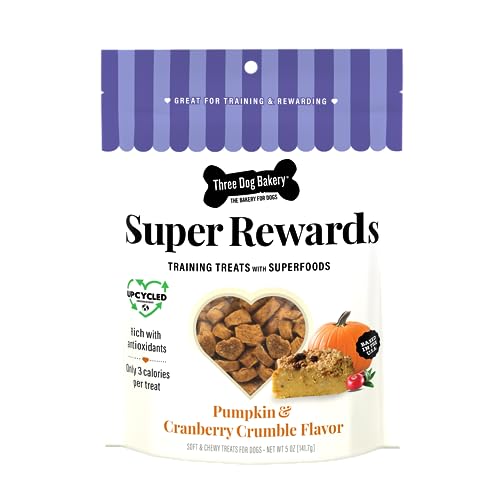 0701159201347 - THREE DOG BAKERY SOFT AND CHEWY SUPER REWARDS WITH SUPERFOODS DOG TREATS, LOW CALORIE DOG TRAINING TREATS FOR DOGS, PUMPKIN & CRANBERRY CRUMBLE FLAVOR, 5 OUNCE RESEALABLE BAG