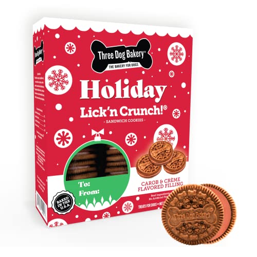 0701159209206 - THREE DOG BAKERY LICKN CRUNCH! HOLIDAY SANDWICH COOKIES, CAROB AND RED CRÈME VANILLA FLAVOR, PREMIUM TREATS FOR DOGS, 13 OUNCES EACH