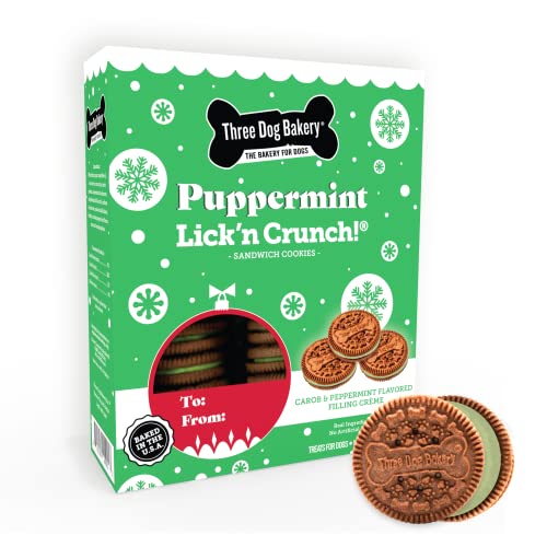 0701159209213 - THREE DOG BAKERY LICKN CRUNCH! PUPPERMINT SANDWICH COOKIES, CAROB AND GREEN CRÈME PEPPERMINT FLAVOR, PREMIUM TREATS FOR DOGS, 13 OUNCES EACH