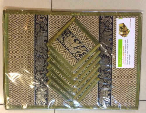 0701240433176 - SET OF 6 ELEPHANT PATTERN HANDMADE DINNER REED PLACEMATS AND COASTER SET, GREEN COLOR