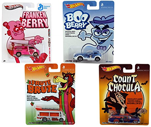 0701248001247 - BOO BERRY, COUNT CHOCULA, FRANKENBERRY & FRUTE BRUTE HOT WHEELS MONSTER CEREAL SET IN PROTECTIVE CASES POP CULTURE