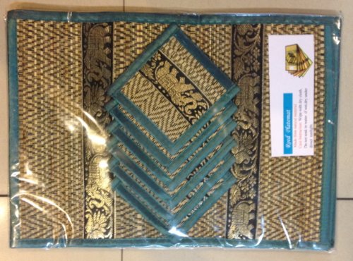 0701334806022 - SET OF 6 ELEPHANT PATTERN HANDMADE DINNER REED PLACEMATS AND COASTER SET, TURQUISE COLOR