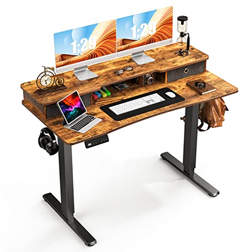 0701347519674 - SWEETCRISPY HEIGHT ADJUSTABLE ELECTRIC STANDING DESK WITH STORAGE SHELF DOUBLE DRAWER, 48 X 24 INCH TABLE, SIT STAND DESK WITH SPLICE BOARD, BLACK FRAME/RUSTIC BROWN DESKTOP FOR HOME OFFICE