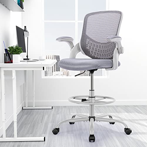 0701347521301 - SWEETCRISPY DRAFTING CHAIR, HOME OFFICE CHAIR DESK CHAIRS WITH WHEELS, TALL OFFICE STOOL CHAIRS WITH ADJUSTABLE FOOT RING, FLIP UP ARMS, SWIVEL ROLLING CHAIR LUMBAR SUPPORT, GREY