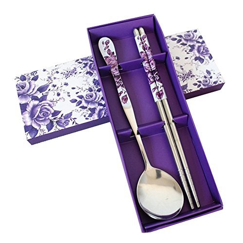 0701354480714 - ROMANTIC PURPLE ROSE STAINLESS STEEL CHOPSTICKS AND SPOON SET WITH STYLUS (STYLE 1)