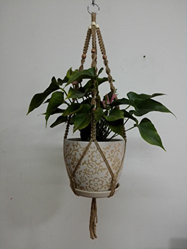0701630408289 - 4 LEGS MACRAME NATURAL JUTE PLANT HOLDERS WITH WOOD BEAD DECORATION AND METAL RING, 38.5-INCHES LENGTH