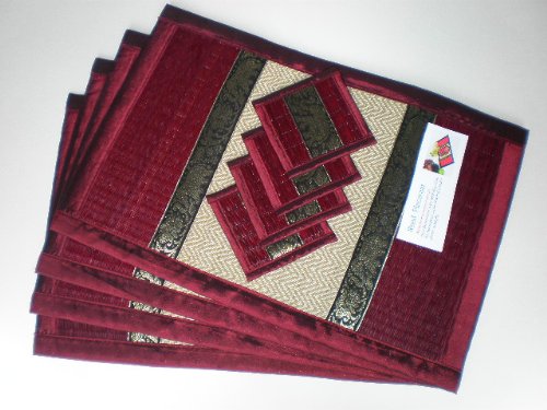 0701761970846 - SET OF 6 ELEPHANT PATTERN HANDMADE DINNER REED PLACEMATS AND COASTER SET, RED COLOR