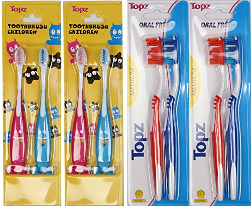0701851933973 - TOPZ PRO-ORAL FRESH EXTRA CLEAN WHIT FULL HEAD, SUPER SOFT FAMILY SET TOOTHBRUSH,2 COUNT(4 KIDS BRUSHES,4 ADULT BRUSHES)
