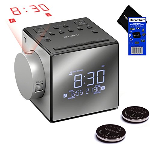 0701980302794 - SONY PROJECTOR DUAL ALARM CLOCK WITH EXTENDABLE SNOOZE, 5 DIFFERENT NATURE SOUNDS, AM/FM RADIO, BUILT-IN CALENDAR, LARGE LED DISPLAY, USB PORT & BATTERY BACKUP (BLACK) + SONY REPLACEMENT BATTERIES (2 PACK) + HEROFIBER® ULTRA GENTLE CLEANING CLOTH