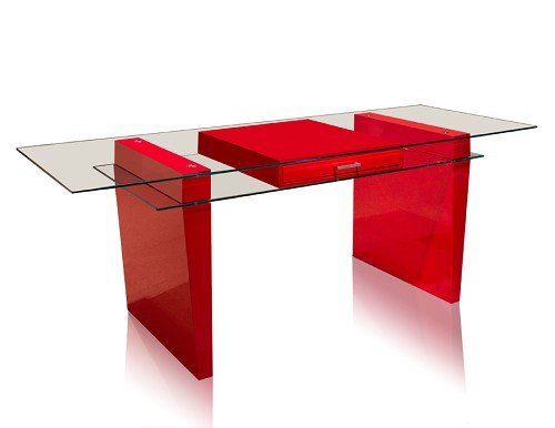 0702168669456 - 79 SLEEK MODERN TEMPERED GLASS & RED LACQUER OFFICE DESK
