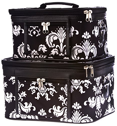 0702472378471 - WORLD TRAVELER BLACK AND WHITE FLORAL DAMASK COSMETIC TRAIN CASE (2-PIECE SET)