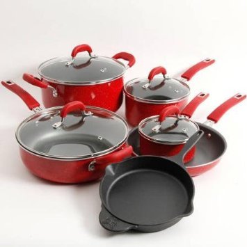 0702668904453 - THE PIONEER WOMAN VINTAGE SPECKLE 10-PIECE NON-STICK PRE-SEASONED COOKWARE SET, RED DISHWASHER SAFE