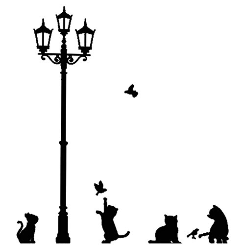 0702756566334 - CAT BIRD SILHOUETTE VINYL DECAL DECOR WALL STICKERS IN STREET LAMP POST