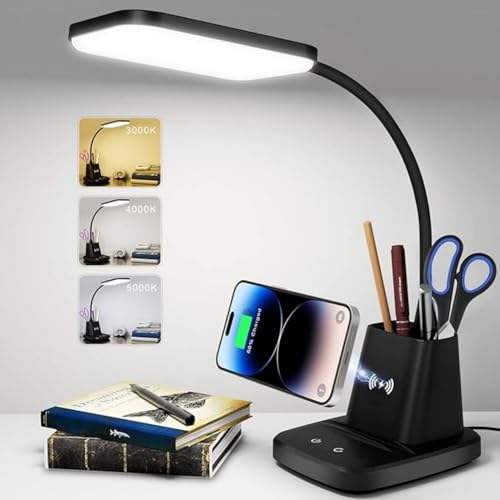 0702886012220 - KUSPORT DESK LAMP | LED DESK LAMP FOR HOME OFFICE | SMALL DESK LAMP WITH PEN HOLDER, WIRELESS CHARGER | AVAILABLE IN 3 COLOR MODES, DIMMABLE | CRI 85, 800 LM | IDEAL STUDY LAMP FOR COLLEGE DORM