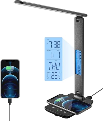 0702886012305 - KUSPORT LED DESK LAMP | COMES WITH WIRELESS CHARGER, USB CHARGING PORT | DESK LAMP WITH CLOCK, ALARM, DATE, TEMPERATURE | IDEAL FOR HOME, OFFICE | AVAILABLE IN BLACK.