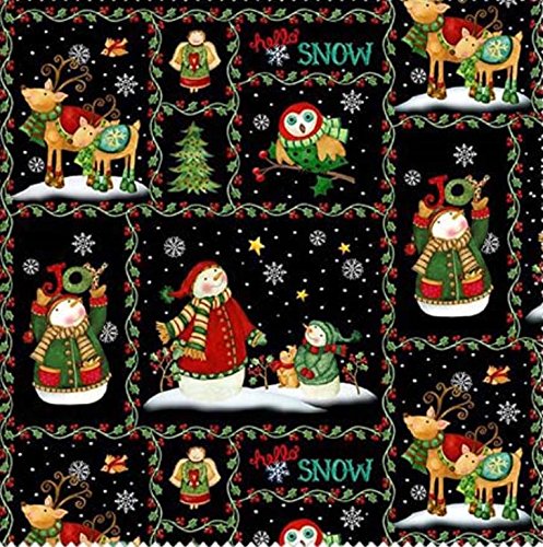0703081136377 - HENRY GLASS 'HELLO SNOW' SMALL SAMPLER PATCHES ON BLACK COTTON FLANNEL FABRIC