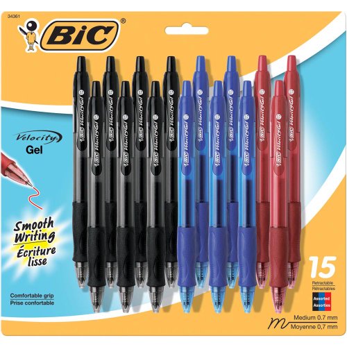 0070330343610 - BIC VELOCITY GEL RETRACTABLE PEN, 0.7MM, ASSORTED INK, 15 COUNT (RLCP151-AST)
