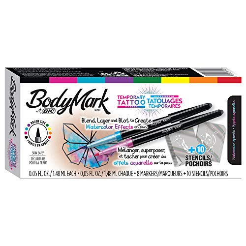 0070330371422 - BODYMARK BY BIC, TEMPORARY TATTOO MARKER, WATERCOLOR INSPIRATION, SKIN SAFE, BRUSH TIP, ASSORTED COLORS, 8-PACK WITH STENCILS