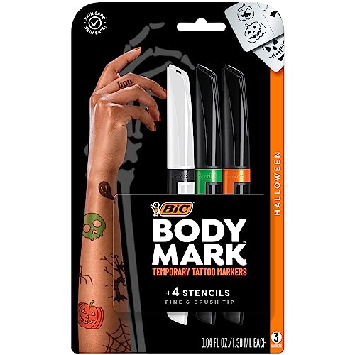 0070330378117 - BIC BODYMARK BODY ART MARKERS, HALLOWEEN THEMED (MTBP3HW3-AST), FLEXIBLE BRUSH TIP, 3-COUNT PACK OF ASSORTED COLORS, SKIN-SAFE*, COSMETIC QUALITY