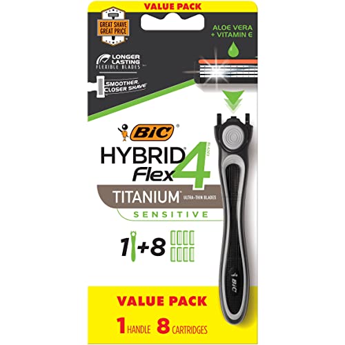 0070330748187 - BIC FLEX 4 HYBRID DISPOSABLE RAZORS FOR MEN, SENSITIVE SKIN RAZOR FOR A SMOOTH AND CLOSE SHAVE, 1 HANDLE AND 8 CARTRIDGES WITH 4 BLADES