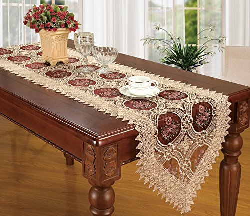 0704298707008 - CUSTOM ELEGANT BEIGE LACE TABLE RUNNER AND SCARVESEMBROIDERED FLORAL BURGUNDY TRANSLUCENT GAUZE 16*72 INCH LONG