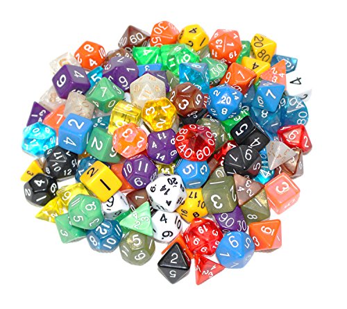 0704342121316 - 100+ PACK OF RANDOM POLYHEDRAL DICE IN MULTIPLE COLORS | AT LEAST 15 COMPLETE SETS | 4 SIDED, 6 SIDED, 8 SIDED, 10 SIDED, 12 SIDED, 20 SIDED AND PERCENTILE DICE INCLUDED |AT LEAST 15 COLOR | LARGE DURABLE VELVET & SATIN DICE BAG INCLUDED