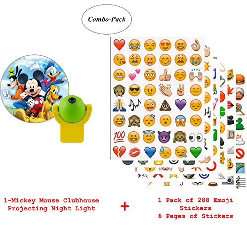 0704407420088 - DISNEY PROJECTABLES LED PLUGIN NIGHT LIGHT - MICKEY MOUSE CLUBHOUSE - AND 1 PACK OF 288 GENUINE DIE CUT EMOJI STICKERS - MICKEY MOUSE AND FRIENDS IMAGE PROJECT OUT OF NIGHT LIGHT - BUNDLE PACK 2 ITEMS